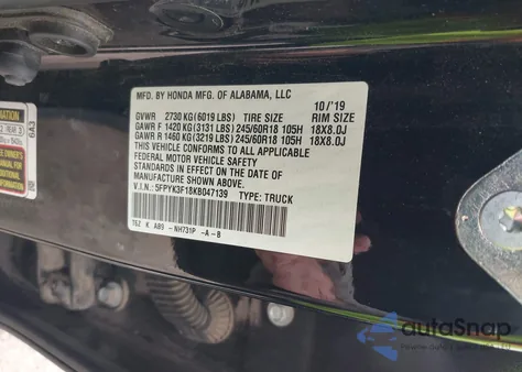 2019 Honda Ridgeline Sport from USA, damaged, VIN 5FPYK3F18KB047139
